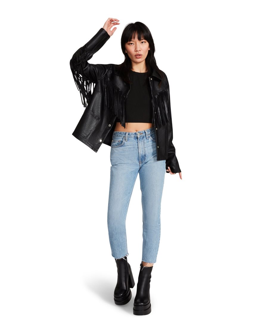 Black Steve Madden Fringe Women's Jackets | PH 7693BZN